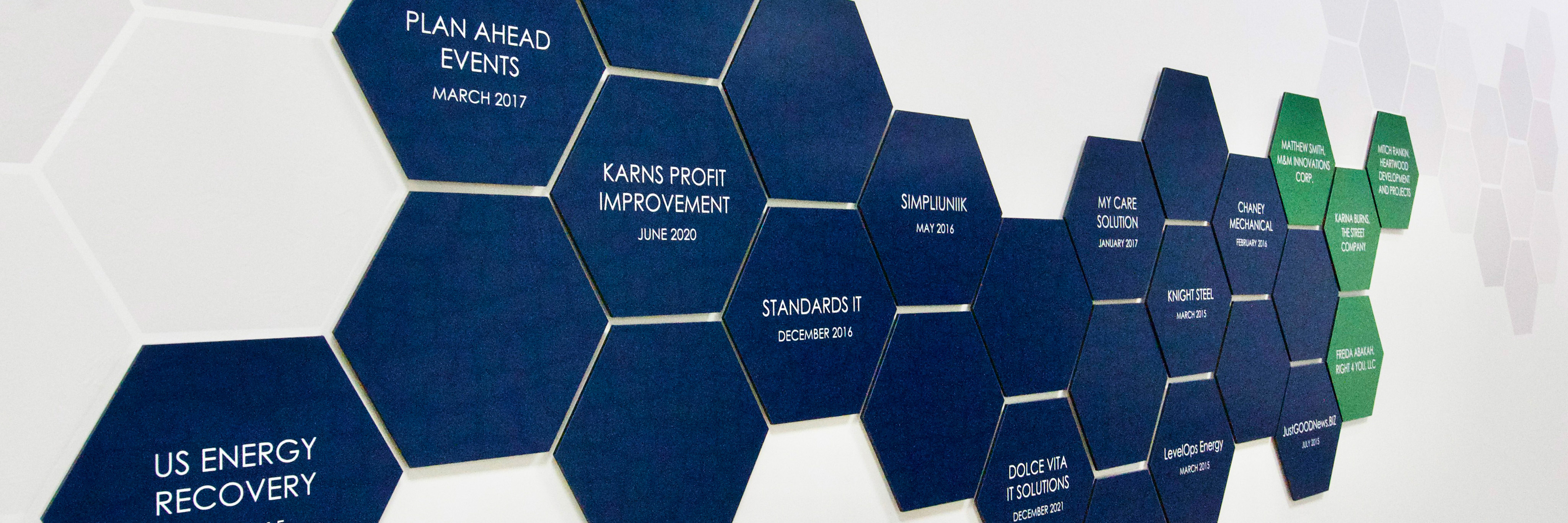 Mural showcasing clients comprise of hexagons.